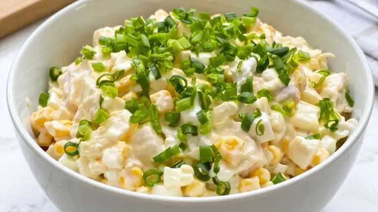 Enkel krämig äggsallad: det godaste hemlagade receptet med majs och purjolök