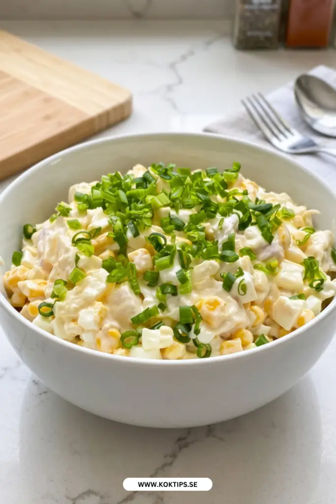 Enkel krämig äggsallad: det godaste hemlagade receptet med majs och purjolök