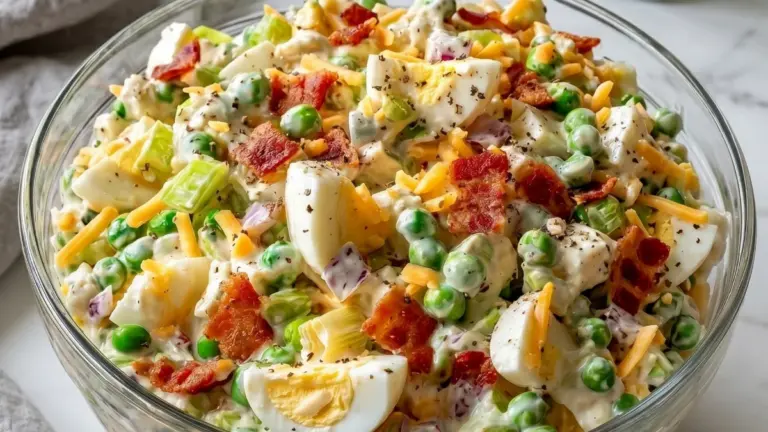 Enkel och klassisk krämig ärtsallad: ett oemotsägligt gott recept med bacon och cheddar