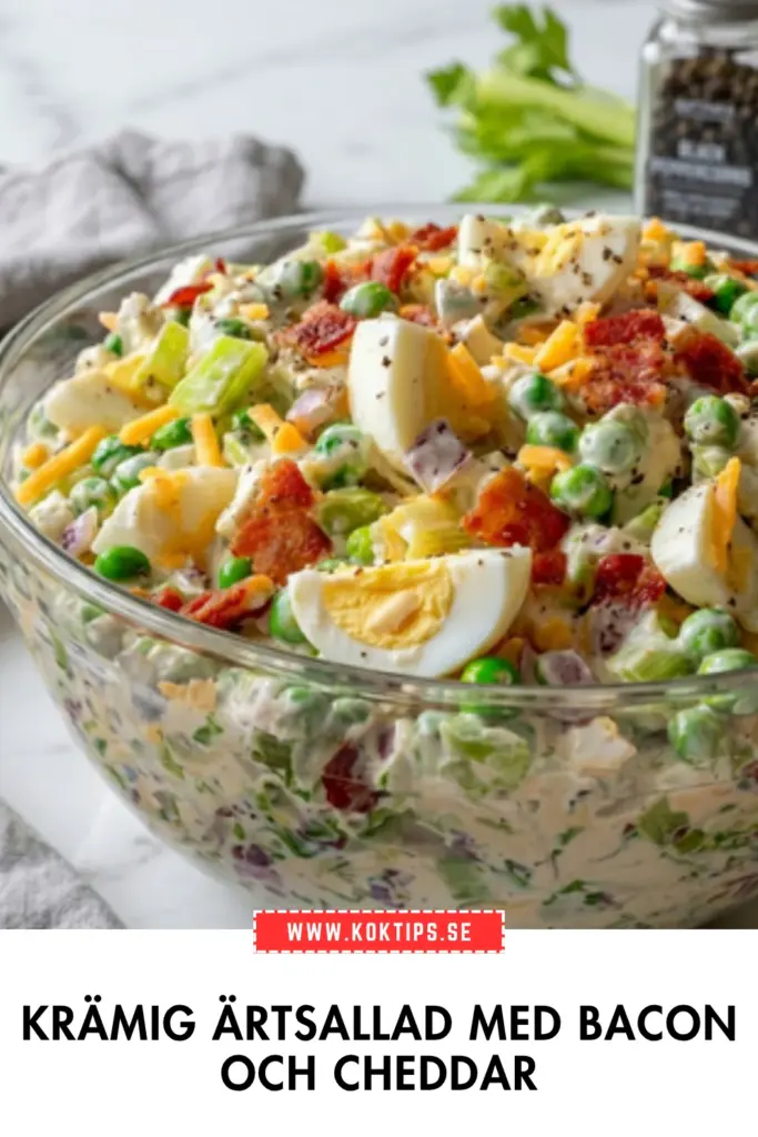 Enkel och klassisk krämig ärtsallad: ett oemotsägligt gott recept med bacon och cheddar