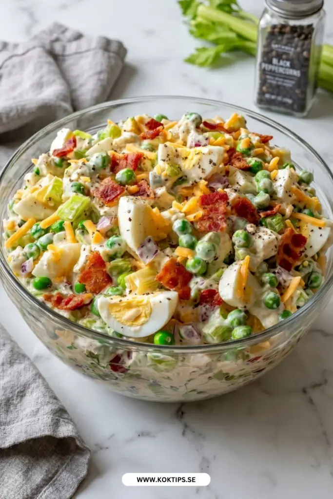 Enkel och klassisk krämig ärtsallad: ett oemotsägligt gott recept med bacon och cheddar