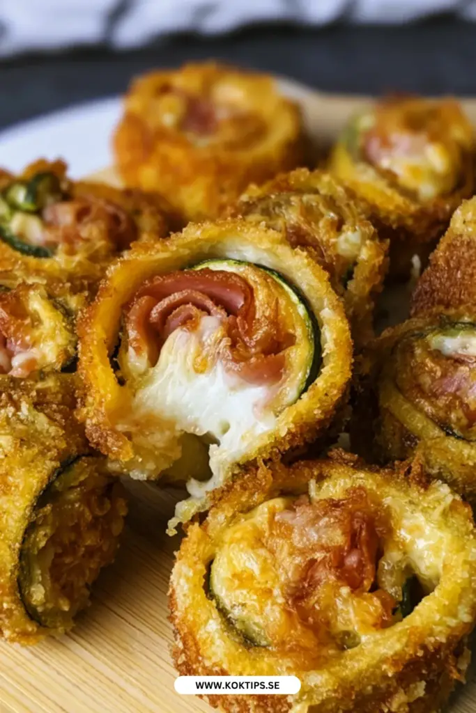 Krispiga zucchinirullar: enkelt recept med rökt skinka och smält ost