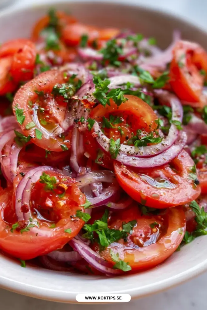 Klassisk medelhavsinspirerad tomatsallad med rödlök och citrusdressing