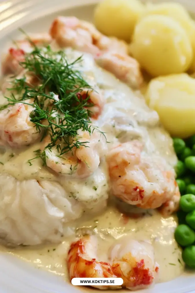 Krämig torskrygg med kräftstjärtar och dillsås direkt från ugnen