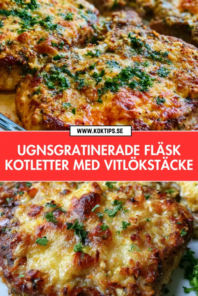 Ugnsgratinerade fläskkotletter med vitlökstäcke: det bästa hemlagade receptet