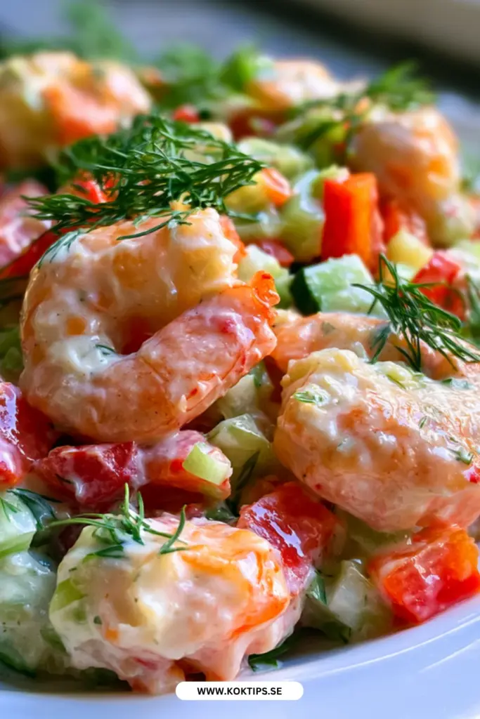 Räksallad med krispiga grönsaker och dill: ett enkelt och klassiskt recept