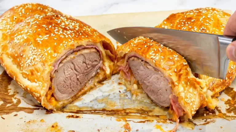 Saftig inbakad fläskfilé: klassiskt recept med krispigt bacon och smält ost