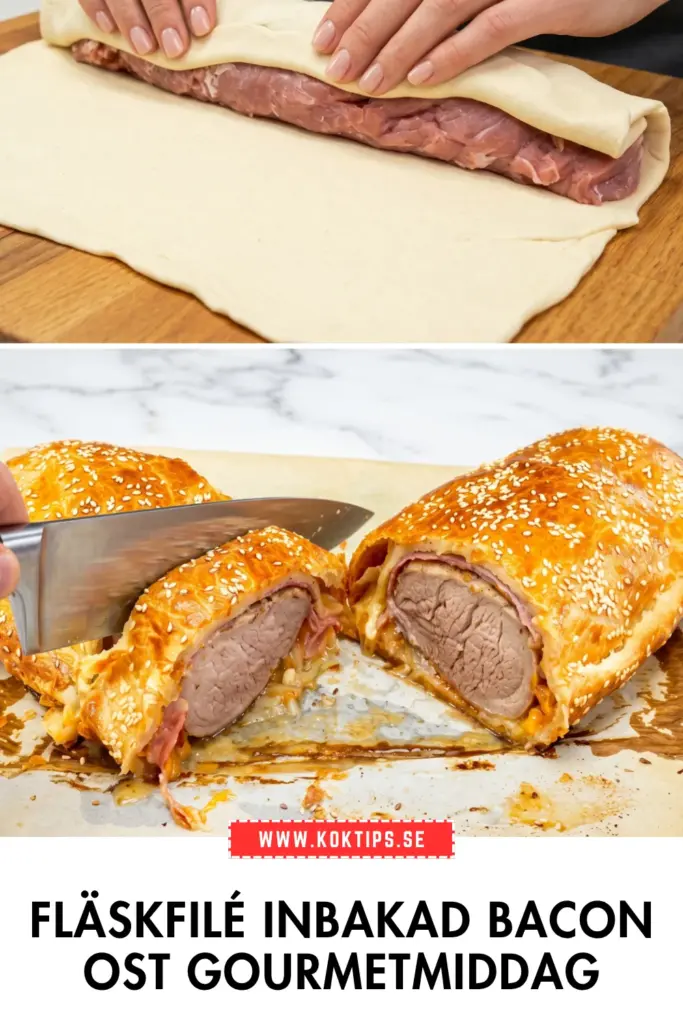 Saftig inbakad fläskfilé: klassiskt recept med krispigt bacon och smält ost