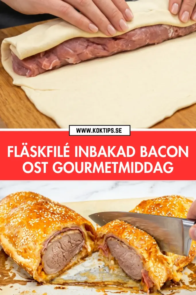 Saftig inbakad fläskfilé: klassiskt recept med krispigt bacon och smält ost