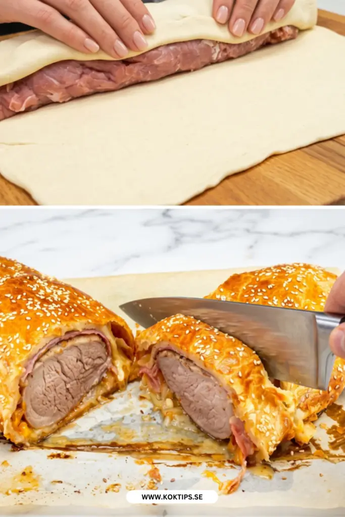 Saftig inbakad fläskfilé: klassiskt recept med krispigt bacon och smält ost