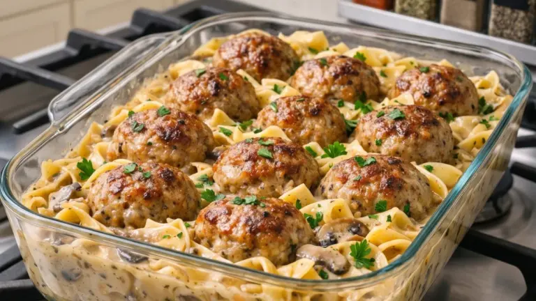 Köttbullsgratäng med svamp och nudlar: det bästa hemlagade receptet