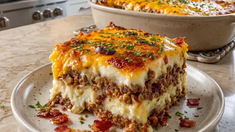 Enkel köttfärsgratäng med krispigt bacon och krämigt potatismos
