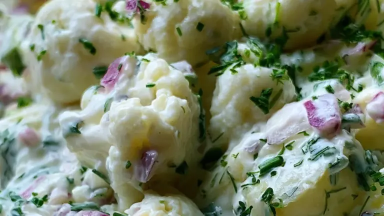 Enkel krämig potatissallad med grönsaker som alltid imponerar