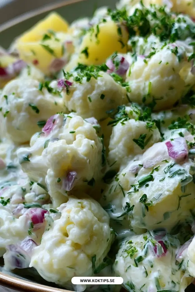 Enkel krämig potatissallad med grönsaker som alltid imponerar
