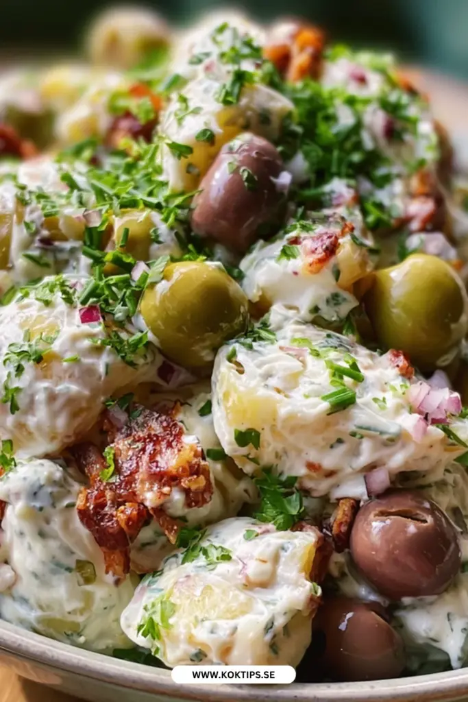Krämig potatissallad med oliver: klassiskt recept med stor smak