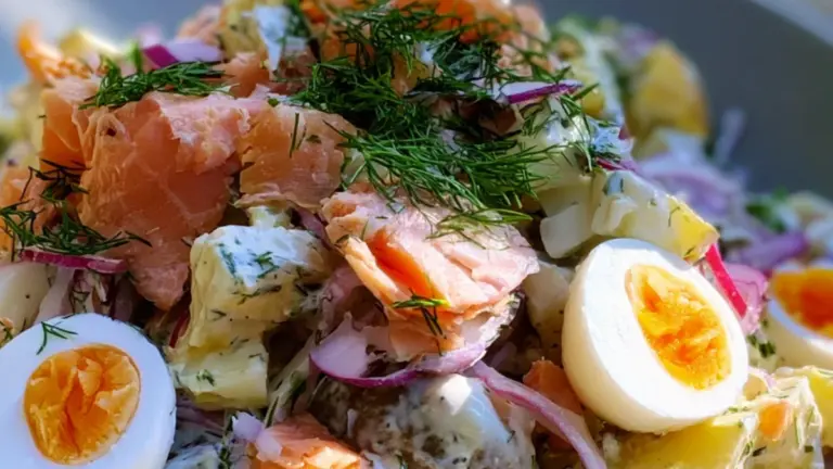 Krämig potatissallad med varmrökt lax och ägg: ett recept du kommer älska