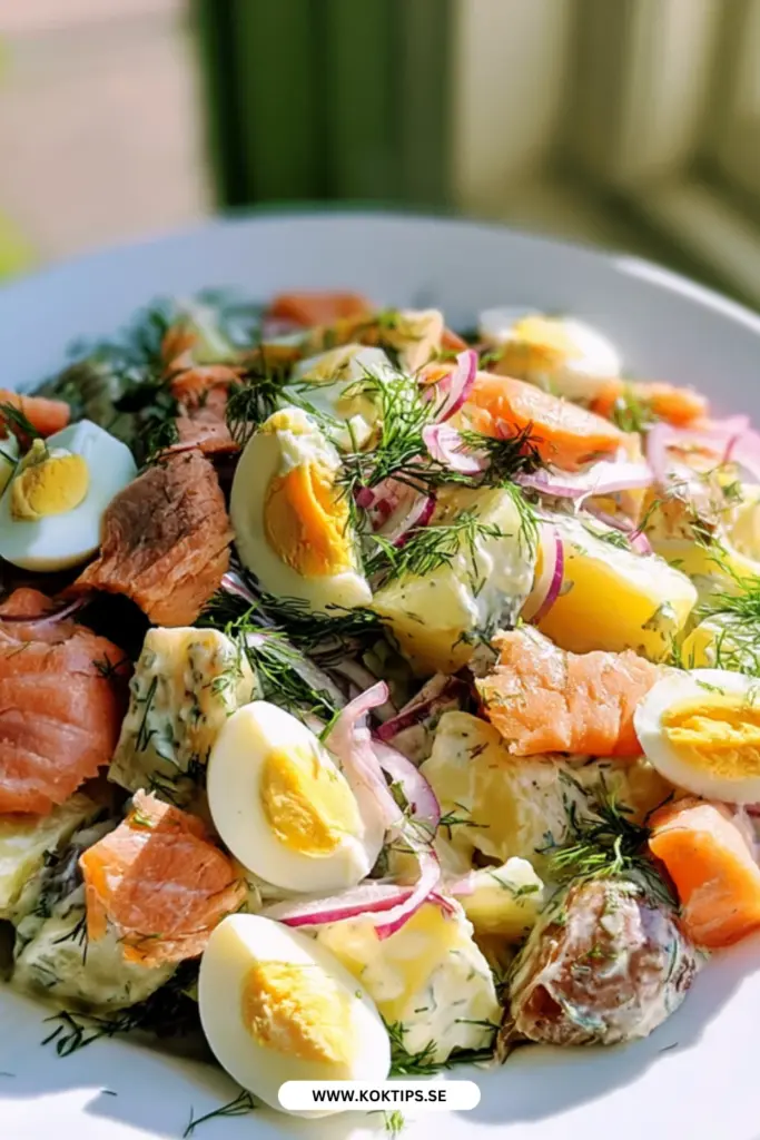 Krämig potatissallad med varmrökt lax och ägg: ett recept du kommer älska