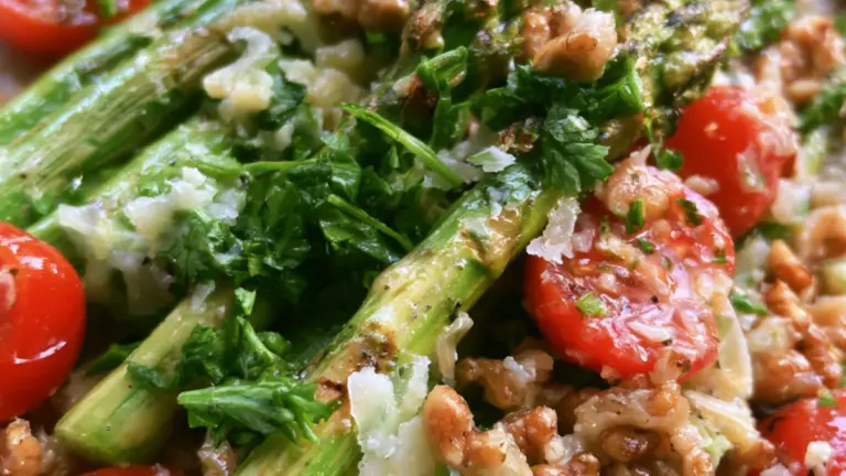 Krispig sparrissallad med tomat, parmesan och valnötter: ett enkelt vårtips