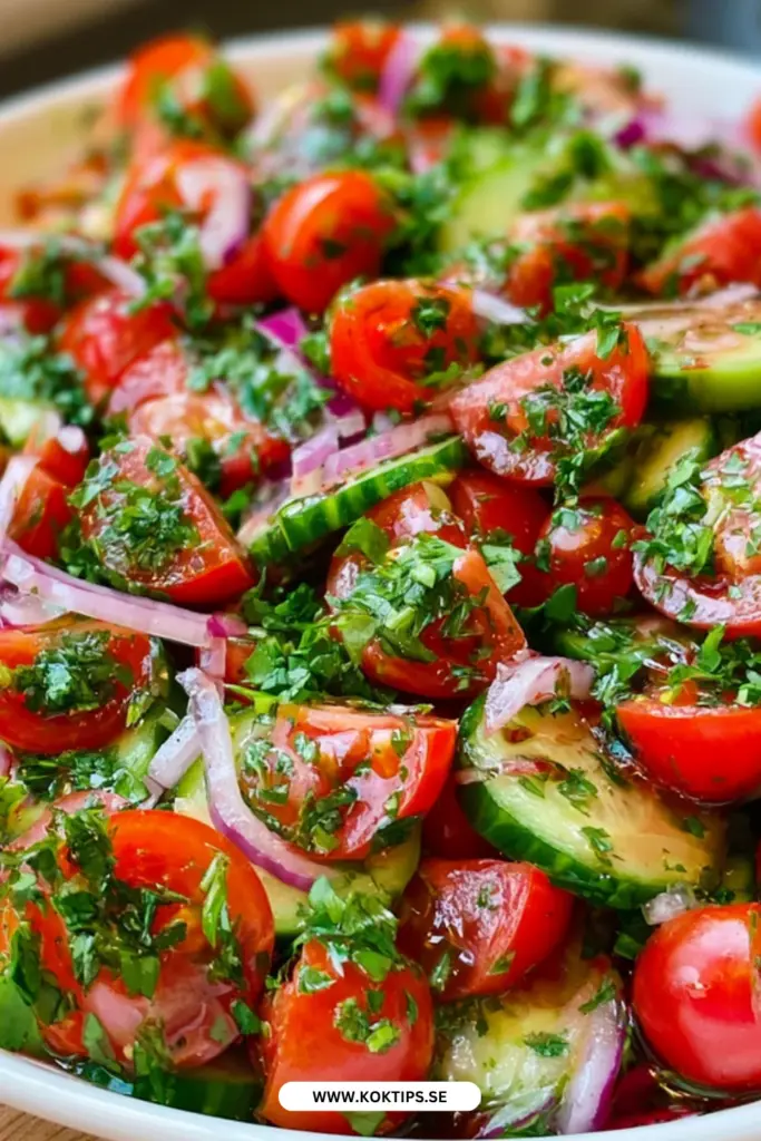Turkisk tomat- och gurksallad med olivolja och citron