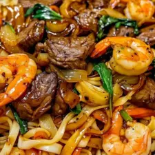 Wokade risnudlar med biff och räkor recept