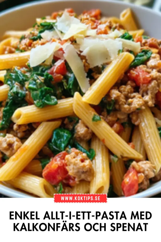 Enkel allt-i-ett-pasta med kalkonfärs och spenat