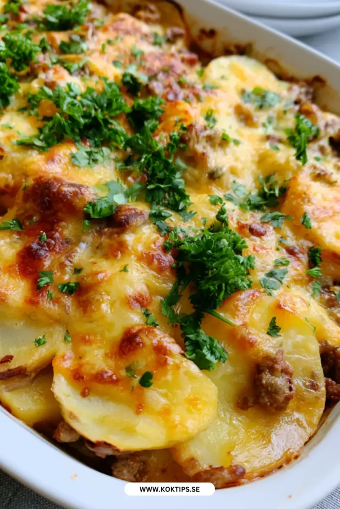 Köttfärsgratäng med potatis och cheddar: en smält och mättande vardagsklassiker