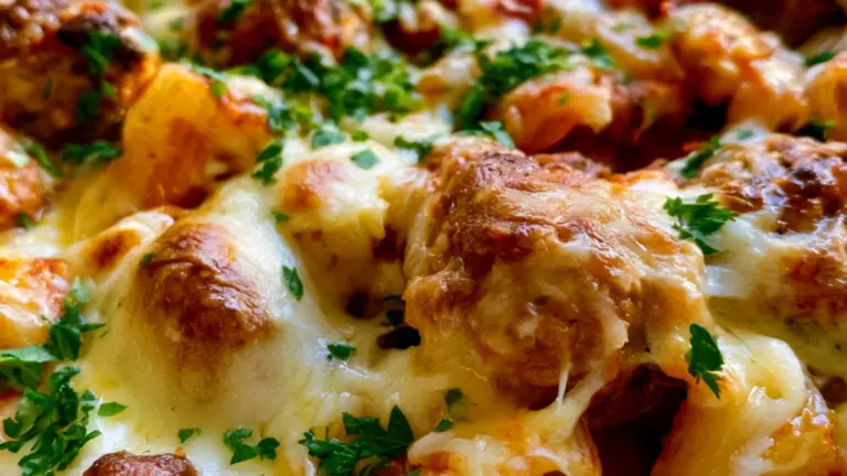Klassisk pastagratäng med köttbullar som alltid blir uppskattad