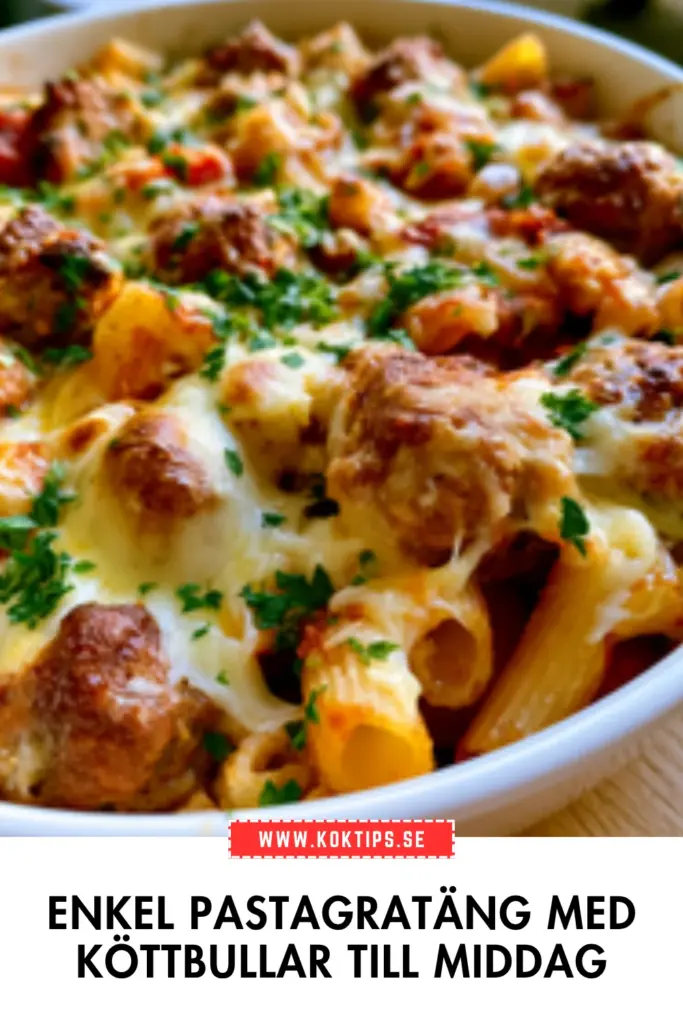 Klassisk pastagratäng med köttbullar som alltid blir uppskattad