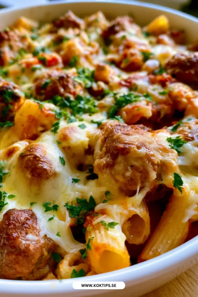 Klassisk pastagratäng med köttbullar som alltid blir uppskattad