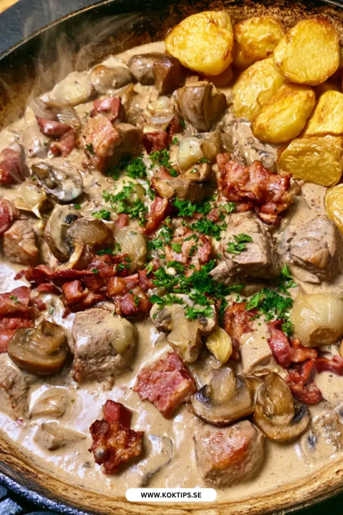 Bästa fläskfilégryta med rostad potatis och len, krämig sås