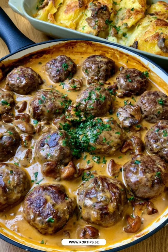 Saftiga pannbiffar: klassiskt recept med krämig kantarellsås och gratäng